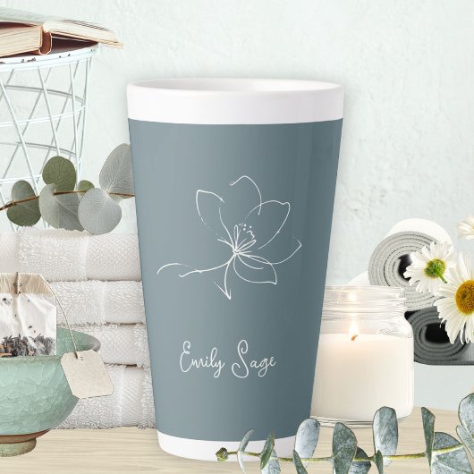 Tasse Latte Minimalist Floral Line Art Zen Ivory Coastal Blue