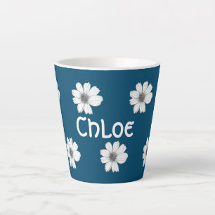 Tasse Latte Modèle floral Turquoise Blue nom personnalisé