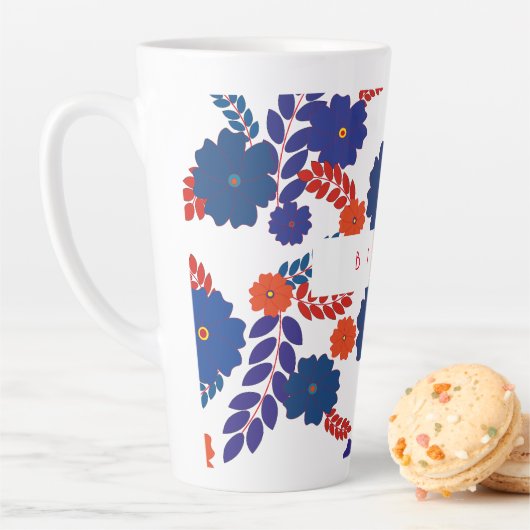 Tasse Latte Modèle vectoriel simple de fleurs bleues (En situation)