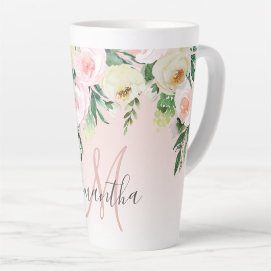 Tasse Latte Moderne Pastel Rose & Fleurs Avec Nom (Angle droit)