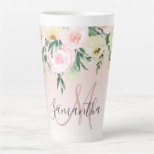 Tasse Latte Moderne Pastel Rose & Fleurs Avec Nom (Devant)
