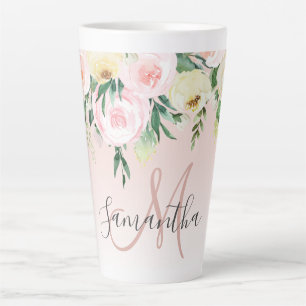 Tasse Latte Moderne Pastel Rose & Fleurs Avec Nom