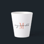 Tasse Latte Monogram Initial, Script élégant mon monde,<br><div class="desc">Mug en latte moderne avec "my world" dans un script élégant avec une couleur saumon monogramme initial. Modifiez facilement le texte et le texte initial pour le rendre vôtre en utilisant le Modèle fourni. Disponible en capacité 12 oz et 17 oz. Pour plus d'informations, reportez-vous à la section "À propos...</div>