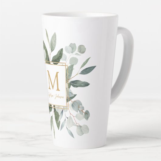 Tasse Latte Monogram Watercolor Tropical Green Leaves (Angle droit)