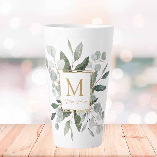 Tasse Latte Monogram Watercolor Tropical Green Leaves