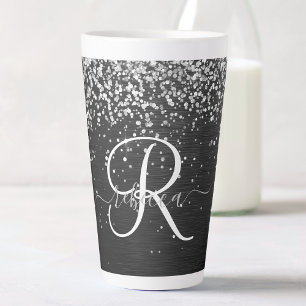Tasse Latte Monogramme à étincelle noire à Parties scintillant