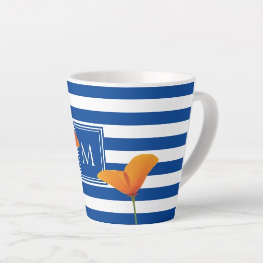 Tasse Latte Monogramme à rayures bleu chic (Angle droit)