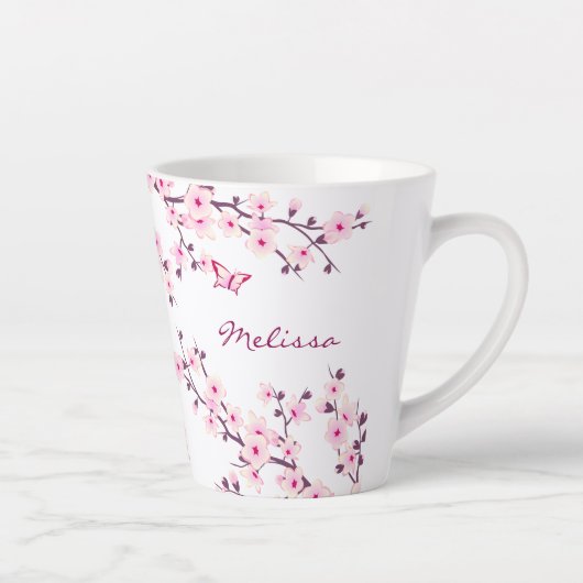 Tasse Latte Monogramme blanc rose Fleurs de cerisiers (Droite)