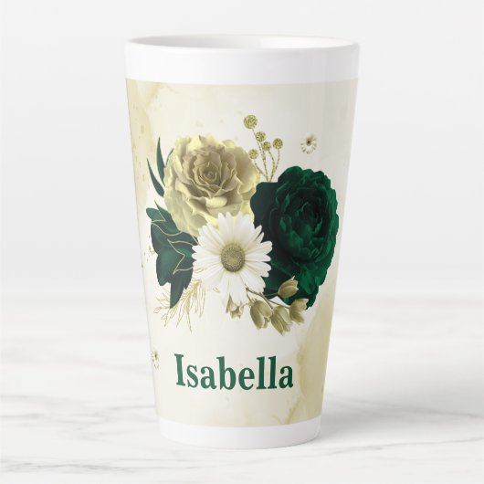 Tasse Latte Monogramme de fleurs d'or et d'ivoire vert émeraud (Devant)