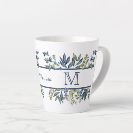 Tasse Latte Monogramme de la frontière Feuille en bleu d'Indig (Angle droit)