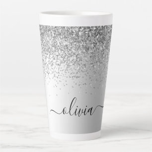 Tasse Latte Monogramme de nom en métal pailleté argent