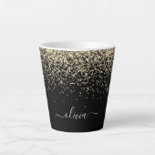 Tasse Latte Monogramme de nom girly script paillettes noir or (Devant)