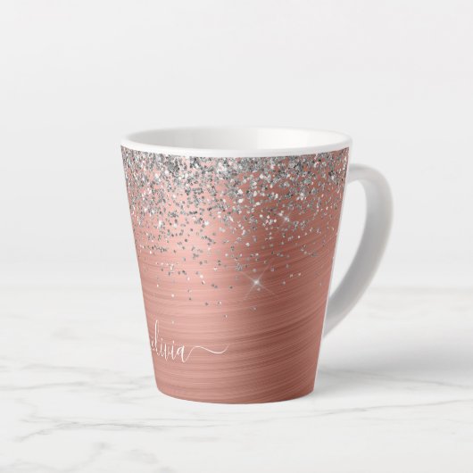 Tasse Latte Monogramme de Parties scintillant d'argent en méta (Angle droit)