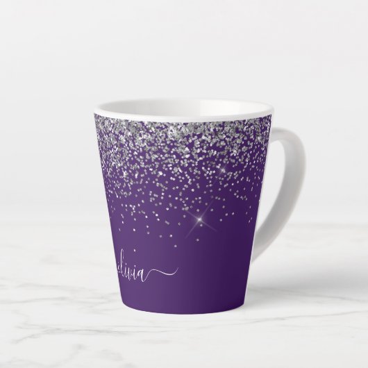 Tasse Latte Monogramme de Parties scintillant d'argent violet (Angle droit)