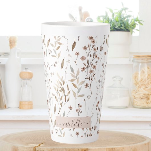 Tasse Latte Monogramme Delicate Fleurs sauvages Brown Feuilles