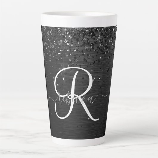 Tasse Latte Monogramme d'étincelle à Parties scintillant noire (Devant)
