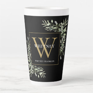 Tasse Latte Monogramme d'or noir Élégant vert moderne
