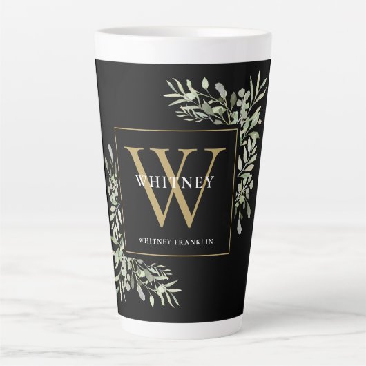 Tasse Latte Monogramme d'or noir Élégant vert moderne  (Devant)