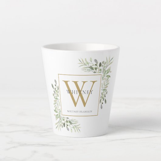 Tasse Latte Monogramme doré de verdure moderne Élégant (Devant)