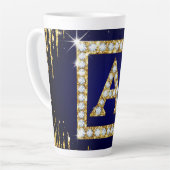 Tasse Latte Monogramme doré initial A avec paillettes bleues (Angle gauche)