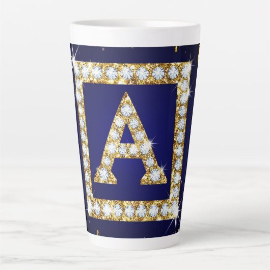 Tasse Latte Monogramme doré initial A avec paillettes bleues (Devant)