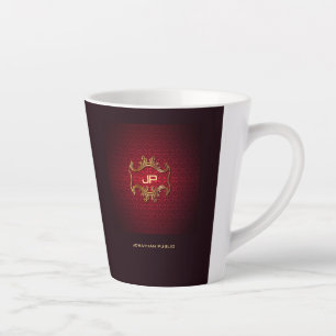 Tasse Latte Monogramme Elegant Rouge Damask Modèle classique