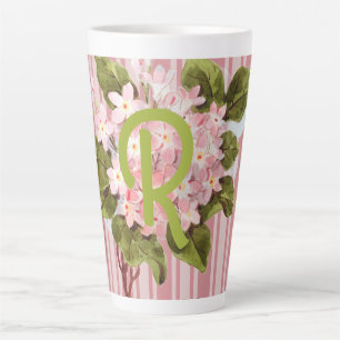 Tasse Latte Monogramme et fleurs sur rayures roses