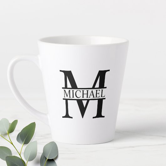 Tasse Latte Monogramme et nom personnalisés noir et blanc