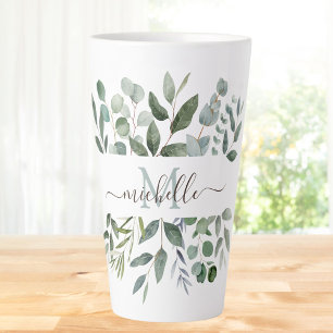 Tasse Latte Monogramme feuilles de verdure de eucalyptus vert 