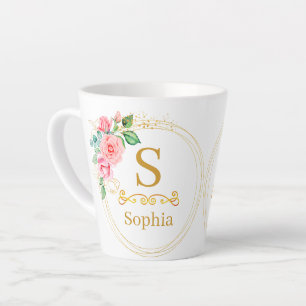 Tasse Latte Monogramme floral aquarelle I Initiale dorée perso