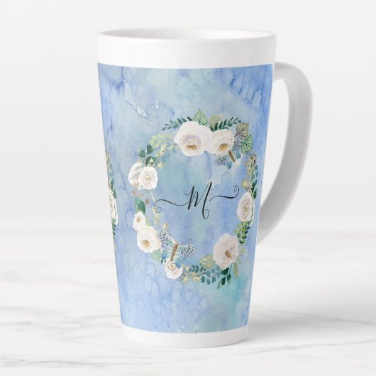 Tasse Latte Monogramme Floral Aquarelle Laver Bleu Blanc Scrip (Angle droit)