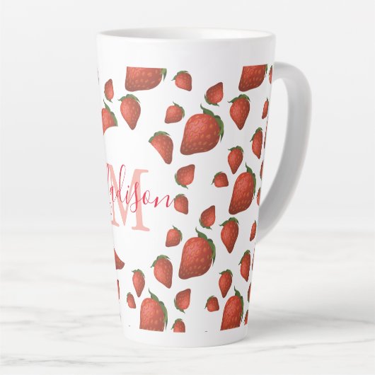 Tasse Latte Monogramme fraise Nom initial (Angle droit)