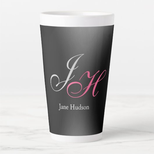 Tasse Latte Monogramme gris noir Nom Lettres initiales Script (Devant)