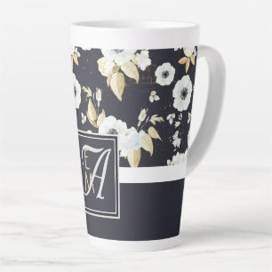 Tasse Latte Monogramme Marine Bleu Blanc Floral Décor Anémone