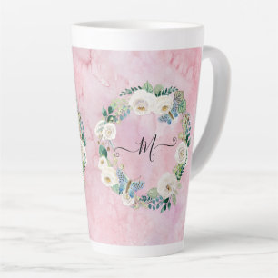 Tasse Latte Monogramme Moderne Papillon floral Aquarelle rose