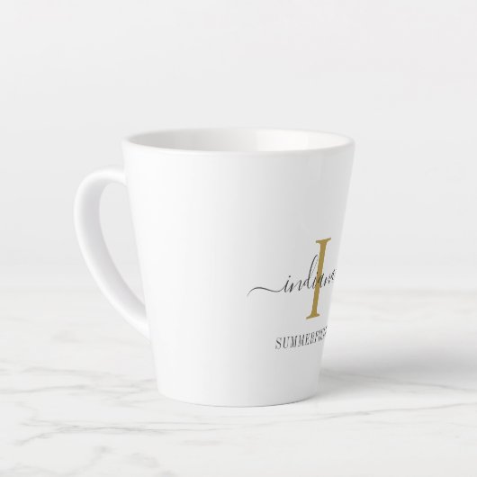 Tasse Latte Monogramme Nom de script Stylish Gold Gris Minimal (Angle gauche)