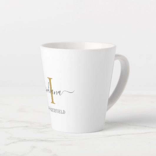 Tasse Latte Monogramme Nom de script Stylish Gold Gris Minimal (Angle droit)