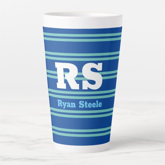 Tasse Latte Monogramme & nom en gras, Lt Lignes Turquoises sur (Devant)