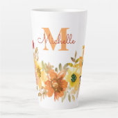 Tasse Latte Monogramme Nom initial Orange Aquarelle Florale (Devant)