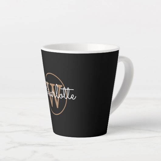 Tasse Latte Monogramme Or Élégant Script de fille Noir (Angle droit)