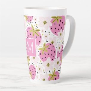 Tasse Latte Monogramme personnalisé de fraises roses