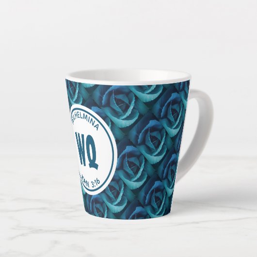 Tasse Latte Monogramme personnalisé Rose bleu Christian (Angle droit)