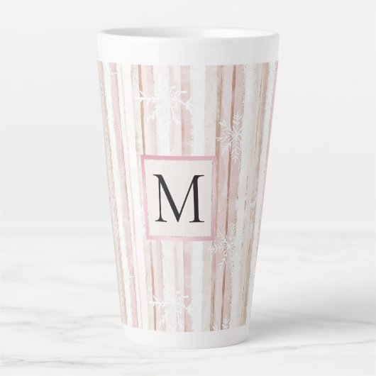 Tasse Latte Monogramme Rayures Flocons de Neige Rose Blanc (Devant)
