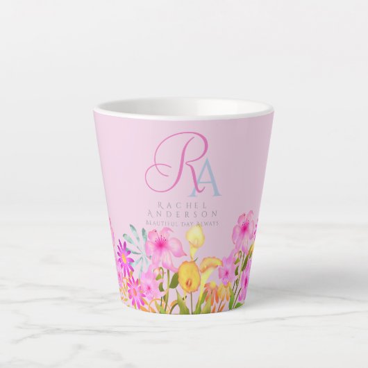 Tasse Latte Monogramme rose du jardin floral (Devant)