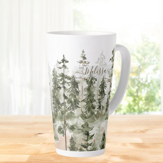 Tasse Latte Monogramme Rustique Aquarelle Forêt Verte