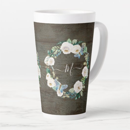 Tasse Latte Monogramme Rustique papillon floral Aquarelle Bois (Angle droit)