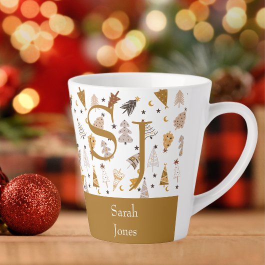 Tasse Latte Monogramme simple boho arbres Noël
