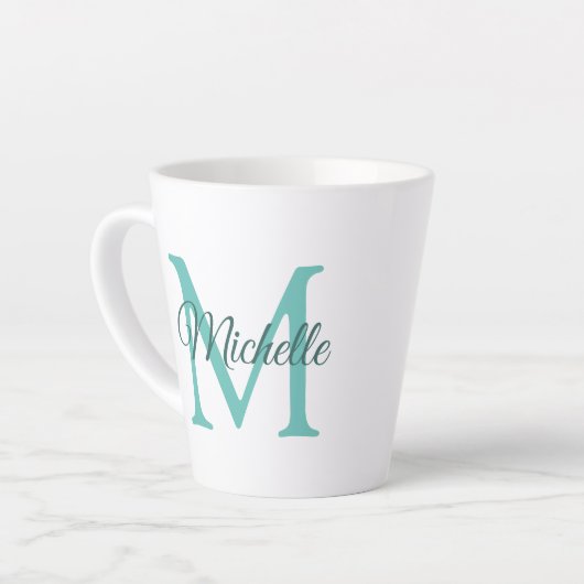 Tasse Latte Monogramme Turquoise Lumière Personnalisable Initi (Angle gauche)