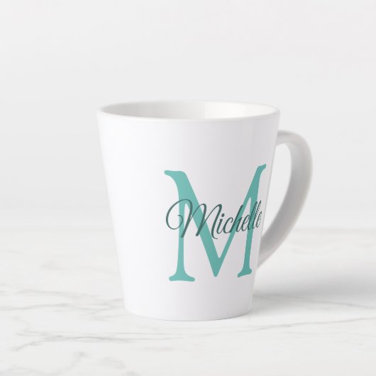 Tasse Latte Monogramme Turquoise Lumière Personnalisable Initi (Angle droit)