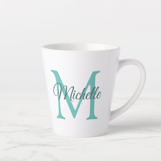 Tasse Latte Monogramme Turquoise Lumière Personnalisable Initi (Droite)